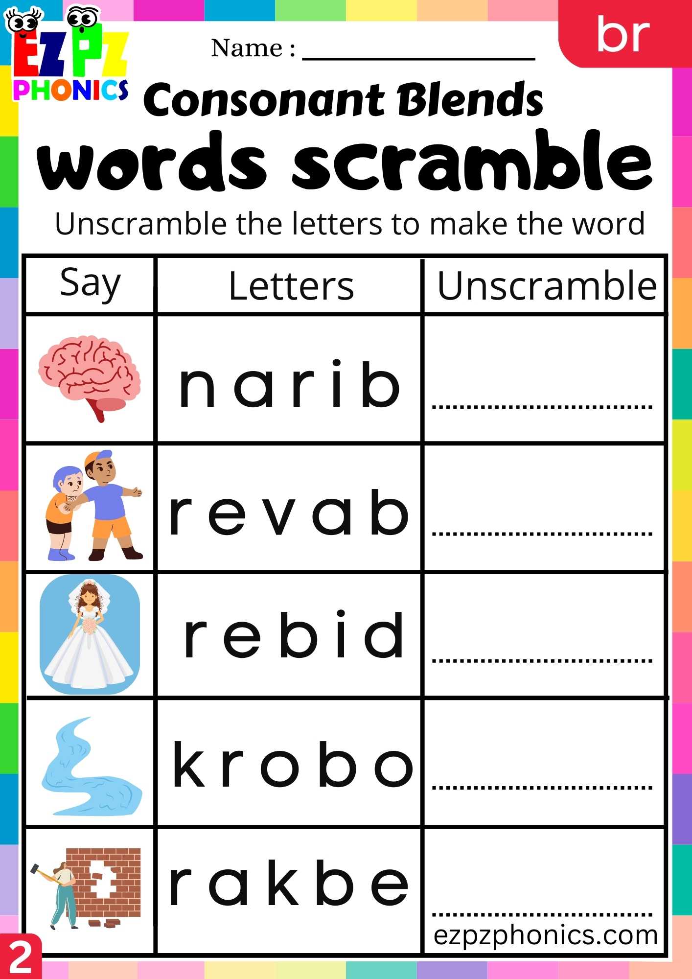 Group2 BR Words Words Scramble Phonics Consonant Blends Worksheet